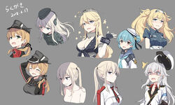  6+girls :d ^^^ ^_^ ahoge bad_id bad_pixiv_id blonde_hair blue_eyes blue_hair blue_neckerchief blue_sailor_collar blue_shirt blush breast_pocket breasts brown_gloves buttons closed_eyes cnm front-tie_top gambier_bay_(kancolle) gangut_(kancolle) garrison_cap gloves graf_zeppelin_(kancolle) green_eyes grey_background grey_hair hair_between_eyes hat highres iowa_(kancolle) jacket kantai_collection large_breasts long_hair long_sleeves low_twintails military military_hat military_uniform multiple_girls multiple_views neckerchief nude oerba_yun_fang open_mouth orange_eyes peaked_cap pocket prinz_eugen_(kancolle) red_shirt sailor_collar samuel_b._roberts_(kancolle) scar scar_on_face school_uniform serafuku shaded_face shirt short_hair short_sleeves simple_background small_breasts smile star-shaped_pupils star_(symbol) symbol-shaped_pupils twintails u-511_(kancolle) uniform white_jacket 