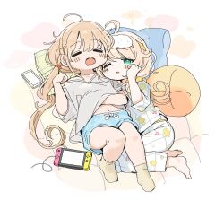  2girls ahoge barefoot blonde_hair blue_shorts cellphone cherry_print chick_print closed_eyes commentary cowlick cuddling drooling eye_mask food_print futaba_anzu futon green_eyes grey_shirt hand_on_own_face hand_under_clothes hand_under_shirt highres idolmaster idolmaster_cinderella_girls light_blush low_twintails multiple_girls navel nintendo_switch one_eye_closed open_mouth pajamas phone pillow plaid_clothes plaid_pajamas shirt shorts simple_background sleeping sleepy smartphone socks spawnfoxy twintails v-neck white_background yusa_kozue 