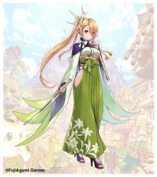  blonde_hair blue_eyes blurry blurry_background braid closed_mouth commentary_request company_name female full_body green_kimono green_skirt hair_behind_ear hair_ornament hakama hakama_skirt high_heels holding holding_sword holding_weapon japanese_clothes katana kimono long_hair long_skirt looking_at_viewer obi official_art one_side_up phantom_of_the_kill sash second-party_source shinobi_nightmare skirt smile solo standing sword weapon yuri_(shinobi_nightmare) 