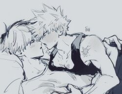  2boys after_kiss arm_around_back bakugou_katsuki bare_shoulders blush boku_no_hero_academia chinese_commentary collarbone commentary_request couple cowboy_shot eye_contact grey_background greyscale hand_on_another&#039;s_arm konno_27 looking_at_another lying lying_on_person male_focus monochrome multicolored_hair multiple_boys on_back profile saliva saliva_trail scar scar_on_arm scar_on_chest simple_background spiked_hair split-color_hair sweat sweatdrop tank_top todoroki_shouto yaoi 