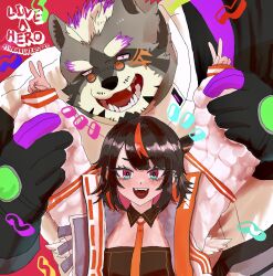  anthro bahamunoaka9 black_hair brown_body brown_fur clothing coat duo eyebrows eyewear female fur gesture glasses hair hand_gesture hi_res human lab_coat lifewonders live_a_hero male mammal procyonid raccoon red_eyes sensettia smile thick_eyebrows topwear v_sign viscunam 