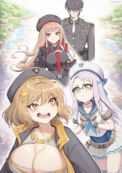  1boy 3girls ahoge anis_(nikke) arm_pouch beret black_gloves black_jacket blush breasts brown_hair cleavage collarbone collared_leotard commander_(nikke) counters_(nikke) faceless faceless_male glasses gloves goddess_of_victory:_nikke green_eyes hair_ornament hat highres jacket large_breasts long_hair long_sleeves looking_at_viewer military_uniform multiple_girls necktie neon_(nikke) one-piece_swimsuit open_mouth rapi_(nikke) red_eyes shirt short_hair skirt smile swimsuit swimsuit_under_clothes thighhighs thighs two-tone_gloves white_hair yellow_eyes yuki7128 