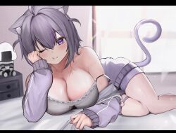  ;t ahoge amatou_yuzuki animal_ears bare_shoulders bedroom black_bra blush bra breasts camisole cat_cutout cat_ears cat_girl cat_tail character_doll cheek_press cleavage cleavage_cutout closed_mouth clothing_cutout double-parted_bangs female grey_camisole hair_between_eyes hand_on_own_cheek hand_on_own_face head_rest heart_o-ring highres hololive indoors jacket lace-trimmed_camisole lace_trim large_breasts looking_at_viewer lying nekomata_okayu nekomata_okayu_(membership) o-ring o-ring_thigh_strap off_shoulder official_alternate_costume official_alternate_hairstyle on_bed on_stomach one_eye_closed onigirya_(nekomata_okayu) purple_eyes purple_hair purple_jacket purple_shorts short_hair shorts smile solo strap_slip tail thigh_strap two_side_up underwear virtual_youtuber window 