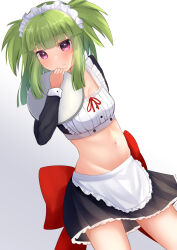  absurdres alternate_costume apron back_bow beatmania_(series) beatmania_iidx black_shirt black_skirt blunt_bangs blush bow breasts closed_mouth commentary_request contrapposto cowboy_shot crop_top dutch_angle enmaided female green_hair grey_background hama_(daisekken) highres hishimiya_tsugaru holding holding_tray long_hair long_sleeves looking_at_viewer maid maid_headdress midriff navel neck_ribbon purple_eyes red_bow red_ribbon ribbon shirt sidelocks skirt small_breasts solo tray two_side_up waist_apron white_apron 