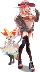  animal_ear_fluff animal_ears animal_nose bikini blonde_hair braixen breasts eyelashes female fox_ears fox_tail furry hat high_heels highres jacket large_breasts long_hair looking_at_viewer momdy_(talesshinja) off_shoulder open_mouth pokemon pokemon_(creature) pokemon_xy red_bikini serena_(pokemon) smile sunglasses swimsuit tail thighhighs white_fur yellow_fur 