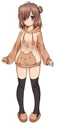  bear_slippers brown_eyes brown_hair commentary double_bun drawstring female full_body hair_bun hair_ornament hairclip highres hood hood_down hoodie kigidere long_sleeves medium_hair original pom_pom_(clothes) pom_pom_drawstring sleeves_past_wrists solo symbol-only_commentary thighhighs two_side_up 