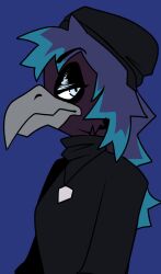  2022 anthro avian bangs beak beastofeuthanasia bird black_clothing black_eyebrows black_hat black_headwear black_sweater black_topwear blue_background blue_hair clothed clothed_anthro clothed_female clothing corvid corvus_(genus) crow digital_drawing_(artwork) digital_media_(artwork) eyebrow_through_hair eyebrows feathers female female_anthro flat_colors frown grey_beak hair half-length_portrait hat headgear headwear jewelry long_hair multicolored_hair necklace oscine passerine portrait purple_body purple_feathers side_view simple_background solo sweater topwear translucent translucent_hair two_tone_hair 