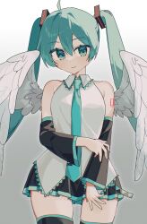  blue_hair collared_shirt commentary cowboy_shot feathered_wings female hair_ornament hatsune_miku highres long_hair necktie pleated_skirt shirt skirt sleeveless sleeveless_shirt smile solo symbol-only_commentary thigh_gap thighhighs tsuchinoko_(tutituti0125) twintails vocaloid wings 