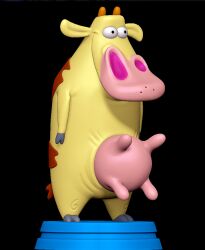  3d_(artwork) 3d_modeling 3d_print anthro arms_down bovid bovine cattle cow_(cow_and_chicken) digital_media_(artwork) female hi_res horn looking_straight lowered_tail mammal pink_nose sillytoys smile solo spots stage standing teats udders yellow_body 