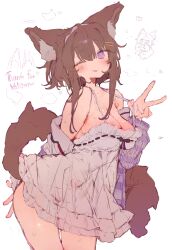  ;3 animal_ear_fluff animal_ears bare_shoulders blush breasts brown_hair cat_ears cat_tail cleavage clothes_pull commission commissioner_name cowboy_shot dress female frilled_dress frills hair_ornament hairclip heart highres jacket large_breasts looking_at_viewer multiple_views off_shoulder one_eye_closed open_clothes open_jacket original otintin pulling_own_clothes purple_eyes purple_jacket sidelocks simple_background skeb_commission solo_focus steaming_body sweat tail thank_you thighs tongue tongue_out v white_background white_dress 