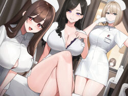  4girls :d black_bra black_hair blush bra breasts brown_hair button_gap closed_mouth commentary_request crossed_legs gloves green_eyes hat hayabusa_(vert_320) indoors large_breasts long_hair looking_at_viewer mask mole mole_on_breast mole_under_eye mouth_mask multiple_girls nurse nurse_cap open_mouth original purple_eyes red_eyes short_hair short_sleeves sitting smile standing surgical_mask thighs underwear white_gloves 