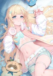  absurdres aqua_eyes blonde_hair braid character_doll crop_top female fingernails hair_ornament headphones headphones_around_neck highres hololive hoshimachi_suisei jacket kazama_iroha kazama_iroha_(street) leaf_hair_ornament long_hair lying midriff navel on_back pokobee shorts smile tsubasasekai twin_braids virtual_youtuber 