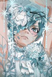  1boy absurdres armpit_peek arms_up bishounen blue_eyes blue_flower blue_hair buttons ciel_phantomhive closed_mouth cracked_skin earrings english_commentary flower flower_on_chest flower_over_eye frilled_shirt_collar frills highres jewelry kuroshitsuji light_blue_hair male_focus questtneo shirt signature sleeveless sleeveless_shirt solo sparkle white_flower white_shirt 