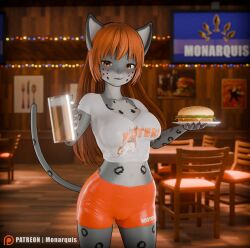  3d_(artwork) absurd_res alcohol anthro beer beverage big_breasts breasts burger clothed clothing digital_media_(artwork) felid female food hair hi_res hooters hooters_uniform mammal momo_(monarquis) monarquis pantherine partially_clothed red_hair short_pants snow_leopard solo 