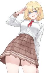  :d absurdres blonde_hair blue_eyes bluefield blush bob_cut breasts brown_skirt collared_shirt female hair_between_eyes hair_ornament highres hololive hololive_english large_breasts looking_at_viewer necktie open_mouth plaid_clothes plaid_skirt red_necktie salute shirt shirt_tucked_in short_hair short_necktie simple_background skirt smile solo thighs virtual_youtuber watson_amelia watson_amelia_(1st_costume) white_background white_shirt 