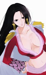  black_hair boa_hancock cape closed_mouth dutch_angle earrings epaulettes eyelashes female hand_on_own_hip highres hood hooded_cape jewelry long_sleeves omaruya one_piece plunging_neckline red_shirt shirt snake_earrings solo white_cape 