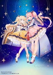  2girls :d ahoge artist_name blonde_hair blue_background blue_eyes braid closed_mouth copyright_name detached_collar dress english_text facial_mark frills full_moon hair_between_eyes hair_intakes half_moon headset highres korean_commentary long_sleeves moon moon_phases multiple_girls official_art open_mouth pink_hair pleated_dress rednian seeu serenade_universe shoes side_ponytail smile star_(symbol) star_facial_mark tassel twin_braids uni_(vocaloid) vocaloid white_footwear wide_sleeves 