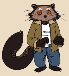  2023 anthro binturong biped black_eyes brown_body brown_fur clothing fur ganii jacket looking_at_viewer male mammal orange_sclera slim_anthro slim_male solo standing topwear viverrid yellow_clothing yellow_jacket_(clothing) yellow_topwear 