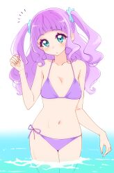  absurdres aqua_eyes bare_arms bare_shoulders bikini blunt_bangs breasts collarbone cowboy_shot ellee-chan eyelashes female hair_ornament hand_up head_tilt highres hirogaru_sky!_precure holding holding_own_hair legs_together light_blush long_hair navel notice_lines precure purple_bikini purple_hair raised_eyebrows side-tie_bikini_bottom sidelocks small_breasts solo standing string_bikini sugimura_mickey swimsuit two_side_up wading water wavy_hair wet white_background 