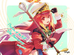  absurdres apollon_(phantom_of_the_kill) artist_name black_gloves blonde_hair bow bowtie braid female gloves green_bow green_bowtie hand_on_headwear hat highres holding holding_staff long_sleeves looking_at_viewer multicolored_hair musical_note oerba_yun_fang official_alternate_costume official_art open_mouth orange_hair phantom_of_the_kill second-party_source sidelocks simple_background skin_fang solo staff two-tone_hair white_hat white_wings wings 