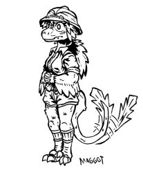  anthro biped bottomwear claws clothed clothing connie_(maggotmilk) dinosaur feathered_dinosaur feathered_scalie feathers female hair maggotmilk monochrome prehistoric_species reptile scalie shorts solo tail tail_motion theropod 