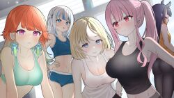  5girls ass back bare_shoulders blonde_hair blue_eyes blush breasts cleavage closed_eyes closed_mouth collarbone cut_bangs dutch_angle earrings feather_earrings feathers gawr_gura gym hand_on_own_hip highres hololive hololive_english holomyth indoors jewelry large_breasts leaning_back light_particles light_smile long_hair looking_at_viewer midriff mori_calliope multicolored_hair multiple_girls navel ninomae_ina&#039;nis open_mouth orange_hair parted_bangs parted_lips pink_hair ponytail purple_eyes purple_hair red_eyes rnight0112 short_twintails sidelocks small_breasts smile sports_bra sportswear stomach streaked_hair sweat takanashi_kiara tank_top twintails two-tone_hair virtual_youtuber watson_amelia white_hair window 