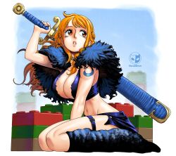  arm_between_legs arm_up bare_arms black_skirt borudbrian braided_sidelock breasts cleavage crop_top english_commentary female from_side full_body highres holding holding_sword holding_weapon jewelry large_breasts leg_warmers lego long_hair looking_up midriff miniskirt nami_(one_piece) narrow_waist navel necklace official_alternate_costume one_piece orange_eyes orange_hair parted_lips sheath sheathed shoulder_tattoo signature single_sidelock sitting skirt solo sword sword_on_back tattoo thigh_strap viking wariza wavy_hair weapon weapon_on_back 