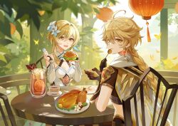  1boy :d aether_(genshin_impact) ahoge black_gloves blonde_hair braid breasts brother_and_sister burger candy chicken_(food) cleavage cockatiel_suzerain commentary cup day dress english_commentary female food genshin_impact gloves hair_between_eyes highres holding holding_burger holding_candy holding_food holding_lollipop lettuce lollipop long_hair looking_at_viewer lumine_(genshin_impact) medium_breasts outdoors parted_lips partially_fingerless_gloves plate short_hair_with_long_locks siblings sitting smile sweet_madame_(genshin_impact) table teacup teeth upper_teeth_only very_long_hair white_dress yellow_eyes 