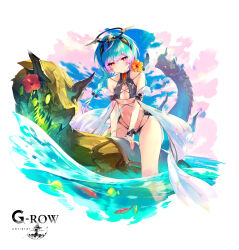  ? aqua_hair bird black_halo braid breasts cassius_(phantom_of_the_kill) closed_mouth commentary_request female fish flower hair_between_eyes halo hibiscus highres looking_at_viewer medium_breasts ocean official_alternate_costume official_art orange_eyes orange_flower outdoors phantom_of_the_kill red_flower second-party_source shibuhiko sky swimsuit thighs 