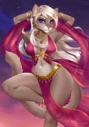  anthro blonde_hair bottomwear clothing cougar dancing domestic_cat felid feline felis female hair hi_res jewelry khajiit loincloth mammal microsoft naryumi_(artist) priest purple_eyes solo the_elder_scrolls twilight_sky 