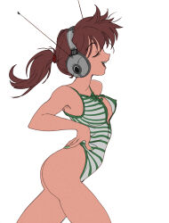  arched_back ass bare_arms bare_shoulders breasts brown_hair closed_eyes commentary cowboy_shot english_commentary female fingernails floating_hair from_side green_leotard green_nails hand_on_own_hip headphones highleg highleg_leotard highres leotard long_hair medium_breasts nail_polish open_mouth original phil_dragash ponytail profile radio_antenna simple_background smile solo standing striped_clothes striped_leotard teeth thong_leotard tongue two-tone_leotard upper_teeth_only white_background white_leotard 