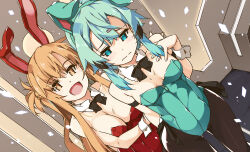  2girls animal_ears aqua_hair asuna_(sao) bare_shoulders black_bow black_bowtie black_leotard blonde_hair blue_eyes bow bowtie breasts cleavage commentary_request detached_collar fake_animal_ears folded_ponytail hair_between_eyes highres leotard long_hair medium_breasts multiple_girls open_mouth orange_eyes pantyhose playboy_bunny rabbit_ears rabbit_tail shikei sinon strapless strapless_leotard sword_art_online tail wrist_cuffs 