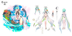  ? aqua_hair bird black_halo braid breasts cassius_(phantom_of_the_kill) closed_mouth commentary_request female fish flower full_body hair_between_eyes halo hibiscus looking_at_viewer medium_breasts ocean official_alternate_costume official_art orange_eyes orange_flower outdoors phantom_of_the_kill red_flower reference_sheet second-party_source shibuhiko simple_background sky swimsuit thighs white_background 