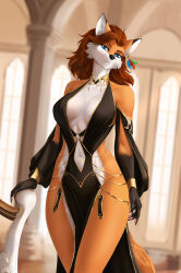  2024 5_fingers anthro big_breasts black_nose blue_eyes breasts brown_hair canid canine claws cleavage clothed clothed_anthro clothed_female clothing countershade_face countershade_legs countershade_torso countershading digital_media_(artwork) dipstick_ears dress ear_markings ear_piercing ear_ring elvofirida feather_ear_ring female finger_claws fingers fox fur gloves_(marking) hair hi_res humanoid_hands inner_ear_fluff mammal markings multicolored_body multicolored_ears multicolored_fur navel orange_body orange_fur piercing red_fox ring_piercing samantha_(syronck01) solo standing tail true_fox tuft two_tone_body two_tone_fur white_body white_countershading white_fur 