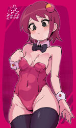  absurdres bare_shoulders black_eyes blush breasts breath buzzlyears collarbone cowboy_shot female highleg highleg_leotard highres leotard mayl_sakurai_(mega_man) mega_man_(series) mega_man_battle_network_(series) pink_leotard red_hair ringed_eyes skindentation small_breasts solo strapless strapless_leotard sweat thighhighs white_thighhighs 