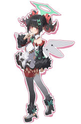  absurdres bare_shoulders black_hair black_thighhighs blush bow chinese_commentary closed_mouth collarbone colored_inner_hair commentary detached_sleeves dress female finger_to_mouth fur-trimmed_sleeves fur_trim green_bow green_halo hairbow halo highres looking_at_viewer multicolored_hair multiple_hair_bows nangong_yu necktie red_bow red_eyes red_necktie short_twintails simple_background smile solo standing thighhighs twintails vaineonline white_background white_dress white_wings wings zenless_zone_zero 
