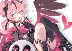  aria_(discordant_note)_(zenless_zone_zero) aria_(zenless_zone_zero) bare_shoulders black_bridal_gauntlets black_choker black_hair black_horns black_shoes black_streaks black_thighhighs blue_eyes blush bridal_gauntlets broken_heart character_name choker commentary_request crossed_bangs fake_horns female hair_between_eyes hair_intakes heart highres horns knees_up looking_at_viewer multicolored_hair ntmy4332 official_alternate_costume open_mouth pink_hair quad_tails red_wings shoes single_thighhigh skull_ornament solo star-shaped_pupils star_(symbol) streaked_hair symbol-shaped_pupils thighhighs white_background wings zenless_zone_zero 