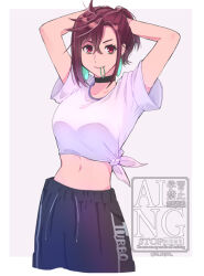  39_dayoo adjusting_hair alternate_costume arms_up ayase_momo black_choker border breasts brown_hair choker commentary_request cowboy_shot crossed_bangs dandadan earrings female hair_between_eyes hair_tie_in_mouth high_ponytail jewelry looking_at_viewer medium_breasts midriff mouth_hold navel outside_border parted_lips ponytail red_eyes shirt short_hair short_sleeves smile solo teeth_hold tied_shirt twitter_username white_border white_shirt 