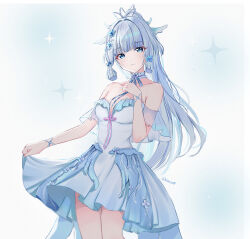  alternate_costume bare_shoulders blue_dress blue_eyes blue_hair breasts choker cleavage closed_mouth commentary cowboy_shot dress english_commentary female flower genshin_impact gradient_background hair_flower hair_ornament hand_up highres kamisato_ayaka long_hair looking_at_viewer medium_breasts mole mole_under_eye off-shoulder_dress off_shoulder ponytail see-through_clothes see-through_sleeves shiorina signature simple_background skirt_hold smile solo very_long_hair wing_hair_ornament 