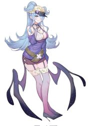  aqua_eyes bare_shoulders blush breasts cleavage commentary elira_pendora female full_body garter_straps hair_over_one_eye head_wings high_heels high_ponytail highres jewelry large_breasts linalina_h long_hair looking_at_viewer low_wings necklace nijisanji nijisanji_en off-shoulder_shirt off_shoulder pointy_ears ponytail shirt simple_background skirt smile solo standing thighhighs untranslatable_commentary very_long_hair virtual_youtuber white_background wings 