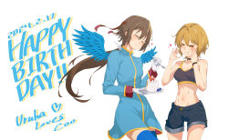  >_< 2girls absurdres black_choker black_shorts black_sports_bra blonde_hair blue_dress blue_theme blue_wings borrowed_character breasts brown_hair choker cleavage closed_eyes commentary_request dated dress eating feathered_wings gloves hachimaki happy_birthday headband highres hip_bones kiritachi_kuu kuthird346 long_hair low_ponytail multiple_girls narrow_waist navel original ponytail red_headband short_dress short_hair short_shorts shorts small_breasts sports_bra white_gloves wings wristband zettai_ryouiki 