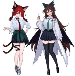  2girls ;d absurdres alternate_costume animal_ear_fluff animal_ears bell black_bow black_choker black_shoes black_skirt black_thighhighs black_wings blush bow braid breasts brown_eyes brown_hair canonball_(dungigi12) cat_ears cat_girl cat_tail choker clothes_around_waist coat collared_shirt commentary_request double-parted_bangs feathered_wings full_body glasses green_bow green_jacket green_necktie hairbow hand_on_own_hip hand_up heart highres holding holding_vial jacket jacket_around_waist kaenbyou_rin knees_together_feet_apart korean_commentary lab_coat lapels large_breasts long_hair long_sleeves looking_at_viewer medium_hair multiple_girls multiple_tails neck_bell necktie one_eye_closed open_clothes open_coat open_mouth pleated_skirt red_eyes red_hair red_necktie reiuji_utsuho round_eyewear school_uniform shirt shirt_tucked_in shoes simple_background skirt sleeves_rolled_up smile sneakers standing tail thigh_strap thighhighs touhou twin_braids two_tails v very_long_hair vial white_background white_coat white_shirt white_shoes wings 