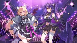  2girls animal_ear_hairband animal_ears bandaged_leg bandages bare_shoulders bat_wings black_bodice black_bow black_choker black_hairband black_skirt blonde_hair bow breasts cat_ear_hairband cat_ears choker cleavage_cutout clothing_cutout commentary_request demon_tail demon_wings double_v elbow_gloves fake_animal_ears feathered_wings frilled_skirt frills gloves grin hairband hairbow half_gloves head_bat_wings highres large_breasts layered_skirt long_hair looking_at_viewer medium_breasts mira_saiko multiple_girls nabezuru navel norah_nevermore official_art purple_eyes purple_hair red_eyes skirt smile stage stage_lights striped_bow tail v verselink very_long_hair wide_sleeves wings 