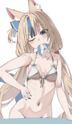  absurdres alternate_costume animal_ear_fluff animal_ears arm_support armpit_crease bare_arms bare_shoulders bikini bikini_top_only blonde_hair blue_bow blue_eyes blue_nails blue_streaks blunt_bangs blush bottomless bow breasts cat_ears cleavage collarbone commentary cowboy_shot female fingernails fins fish fish_girl fish_tail food food_in_mouth grey_bikini hair_ornament hairbow halterneck hand_on_own_stomach hand_on_table head_tilt highres indie_virtual_youtuber lifebuoy_hair_ornament long_fingernails long_hair looking_at_viewer multicolored_hair nail_polish navel no_panties one_eye_closed sameko_saba scarlet_(wv0102) side_ponytail simple_background small_breasts solo standing stomach streaked_hair swimsuit tail twintails untranslatable_commentary very_long_hair virtual_youtuber white_background 