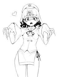  absurdres alternate_costume breasts chinese_commentary commentary_request cowboy_shot female fingernails greyscale hat hat_ornament heart highres jiangshi lingwuye long_fingernails long_sleeves looking_at_viewer medium_hair miyako_yoshika monochrome neck_ribbon open_mouth outstretched_arms panties ribbon sharp_fingernails shirt side-tie_panties small_breasts solo star_(symbol) star_hat_ornament touhou translation_request underwear wide_sleeves zombie_pose 