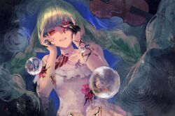  absurdres bare_shoulders breasts clenched_teeth commentary dress female grey_hair hands_up highres instrument long_hair medium_breasts official_alternate_costume phrolova_(wuthering_waves) red_eyes shikuwata solo teeth violin white_dress wuthering_waves 