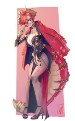  absurdres adjusting_eyewear boutsoftheblind breasts chains cleavage collar detached_sleeves dragon_horns dragon_tail dress eyeshadow female glasses gold_chain high_heels highres horns indie_virtual_youtuber jacket leaning_forward legs looking_at_viewer makeup metal_collar pantyhose pelvic_curtain pointy_chin red_eyeshadow red_hair red_jacket sandals short_hair signature simple_background smile solo spiked_hair standing strappy_heels tail toes torn_clothes torn_pantyhose virtual_youtuber yellow_eyes zentreya zentreya_(dragon) 