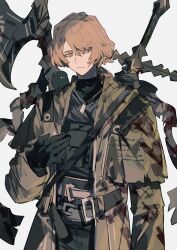  1boy a_certain_sinclair_(project_moon) absurdres aged_up animal_on_shoulder arm_at_side bags_under_eyes bandaged_weapon bandages belt belt_buckle bird bird_on_shoulder black_belt black_bird black_gloves black_pants black_shirt blonde_hair blood blood_on_bandages blood_on_clothes buckle coat commentary_request dog_tags eyes_visible_through_hair gloves greatsword halberd hand_on_own_chest hand_up highres itokenaikei limbus_company load_bearing_vest long_hair long_sleeves looking_at_viewer low-tied_long_hair male_focus open_belt open_clothes open_coat pants polearm project_moon scar scar_on_cheek scar_on_face shirt sinclair_(project_moon) smile solo swept_bangs sword trench_coat tsurime turtleneck turtleneck_shirt undershirt upper_body weapon weapon_on_back white_background yellow_coat yellow_eyes yellow_sleeves 