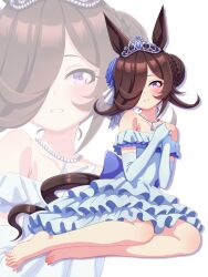  animal_ears bare_shoulders blush braid braided_bun breasts brown_hair collarbone commentary_request dress elbow_gloves female flipped_hair flower gloves hair_bun hair_flower hair_ornament hair_over_one_eye highres hokuyukis horse_ears horse_girl horse_tail jewelry long_hair looking_at_viewer necklace off-shoulder_dress off_shoulder parted_lips purple_eyes rice_shower_(umamusume) sitting small_breasts smile tail tiara umamusume yokozuwari zoom_layer 