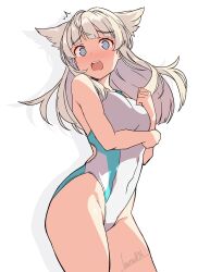  alternate_costume arknights arknights:_endfield artist_name batta_16-sei blonde_hair blue_eyes blush breasts commentary_request competition_swimsuit covered_navel female highleg highleg_one-piece_swimsuit highres long_hair looking_at_viewer medium_breasts one-piece_swimsuit open_mouth perlica_(arknights) simple_background solo swimsuit thighs white_background white_one-piece_swimsuit 